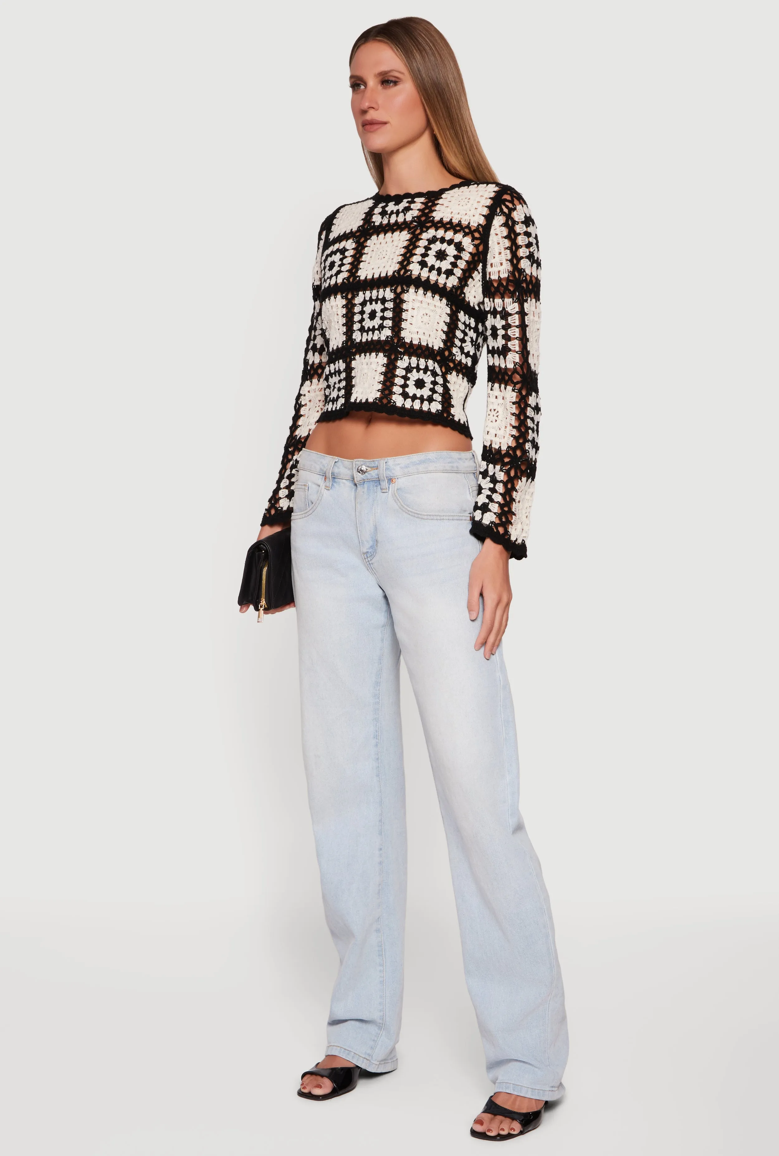 Geometric Crochet Cropped Long Sleeve Sweater sold by Rainbow product image thumbnail 3