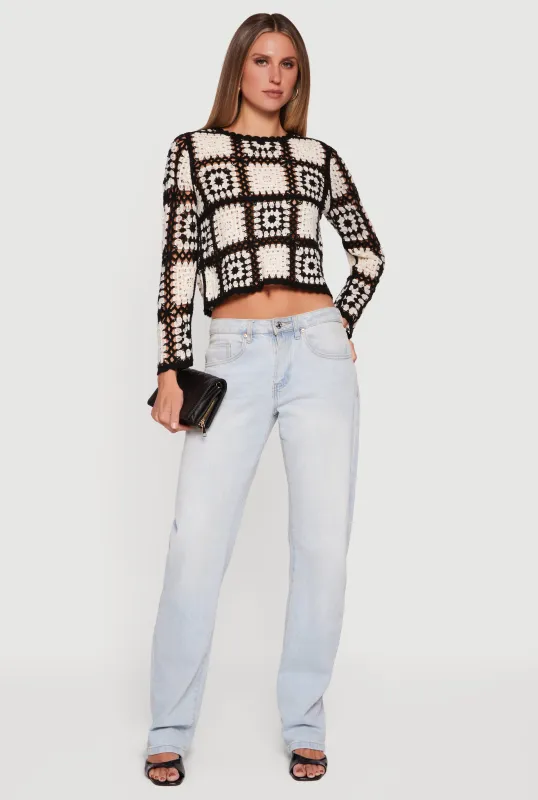 Geometric Crochet Cropped Long Sleeve Sweater sold by Rainbow