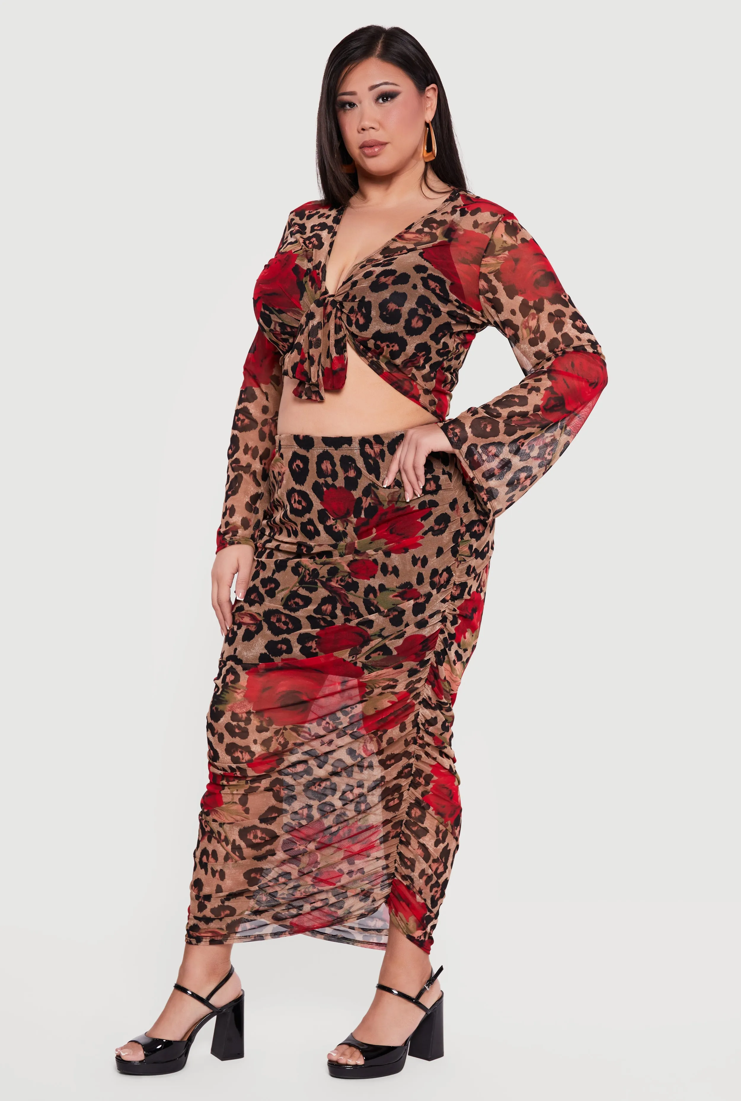 Plus Size Patterned Long Sleeve Mesh Tie Front Crop Top sold by Rainbow product image thumbnail 3