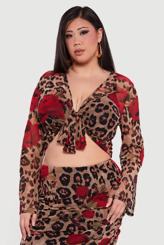 Plus Size Patterned Long Sleeve Mesh Tie Front Crop Top sold by Rainbow