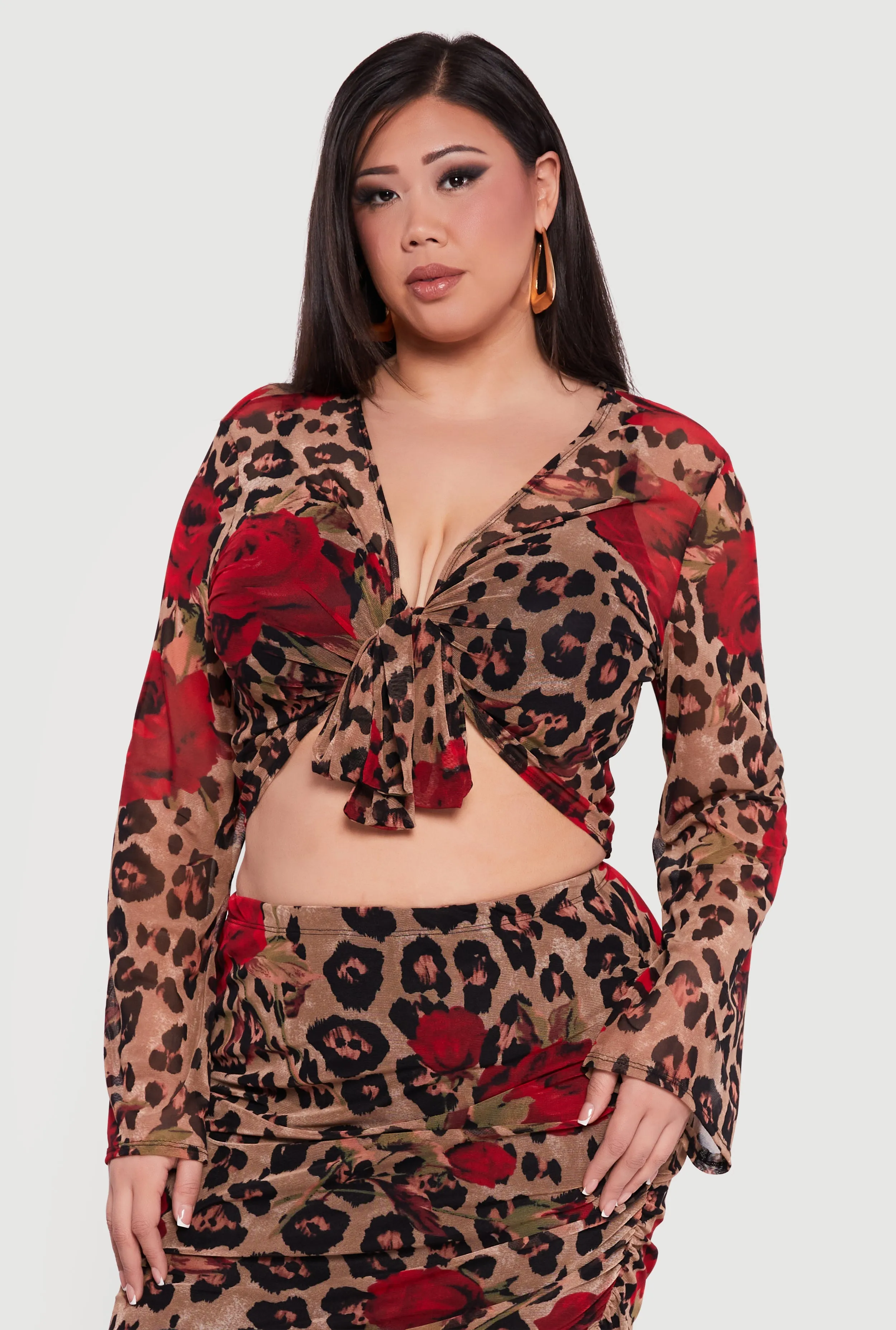 Plus Size Patterned Long Sleeve Mesh Tie Front Crop Top sold by Rainbow