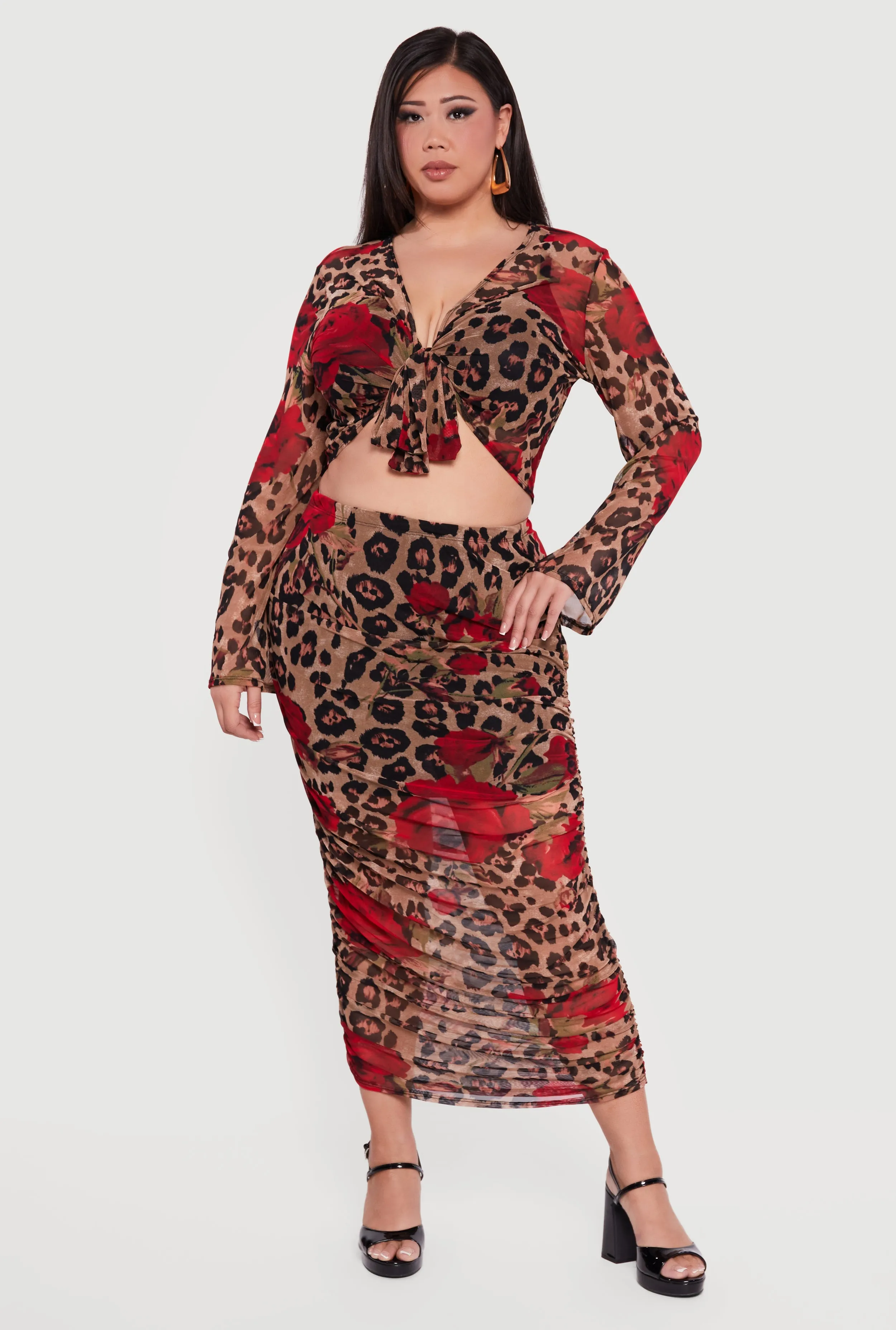 Plus Size Patterned Long Sleeve Mesh Tie Front Crop Top sold by Rainbow product image thumbnail 2