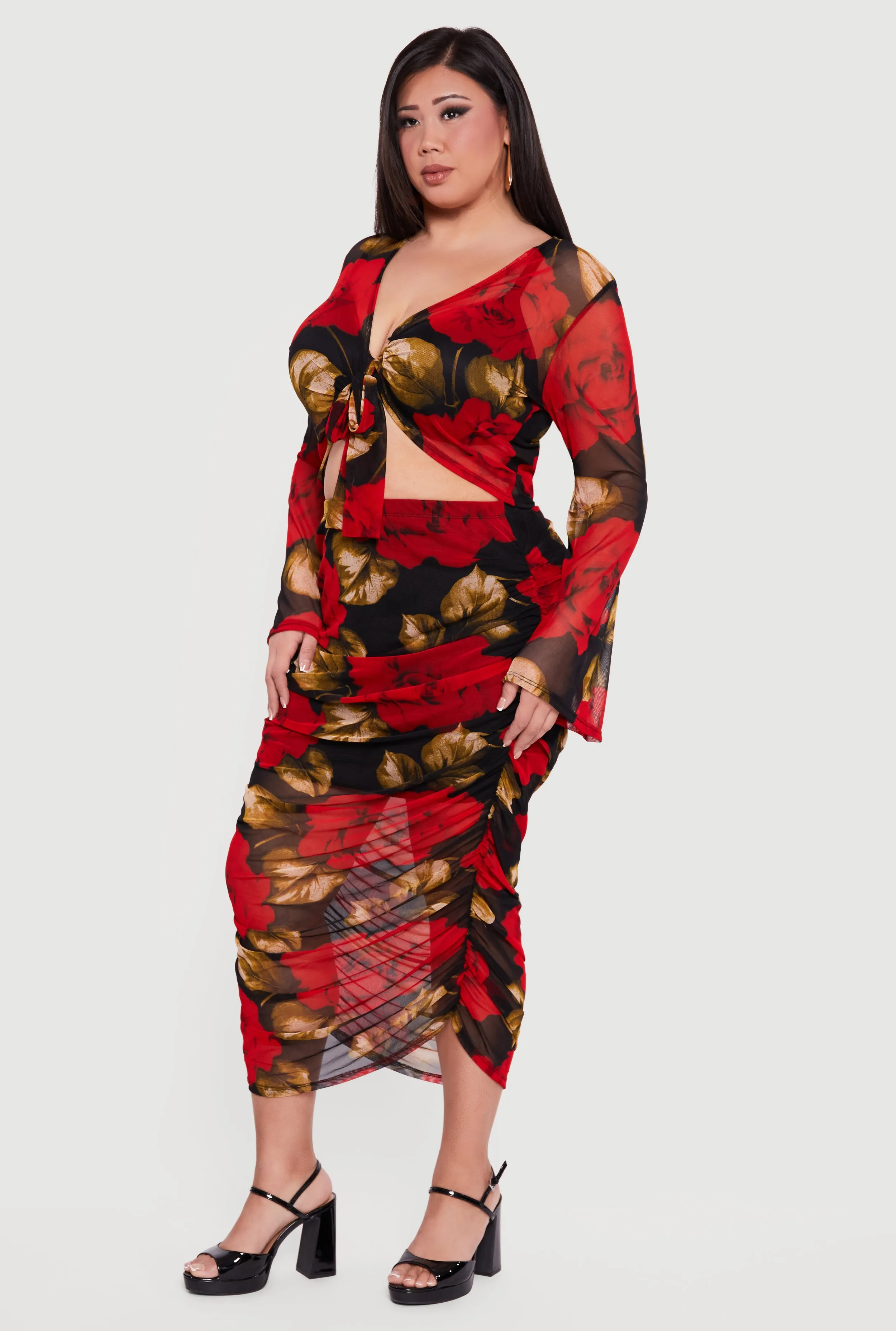 Plus Size Patterned Long Sleeve Mesh Tie Front Crop Top sold by Rainbow product image thumbnail 3