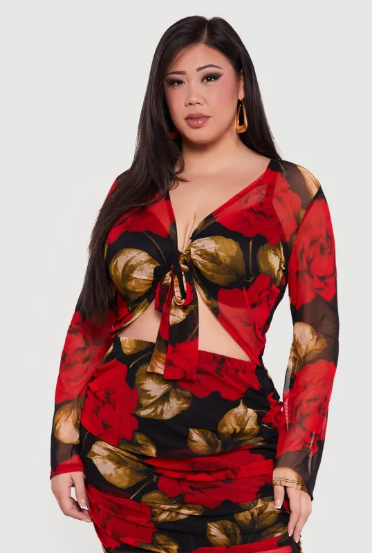 Plus Size Patterned Long Sleeve Mesh Tie Front Crop Top sold by Rainbow