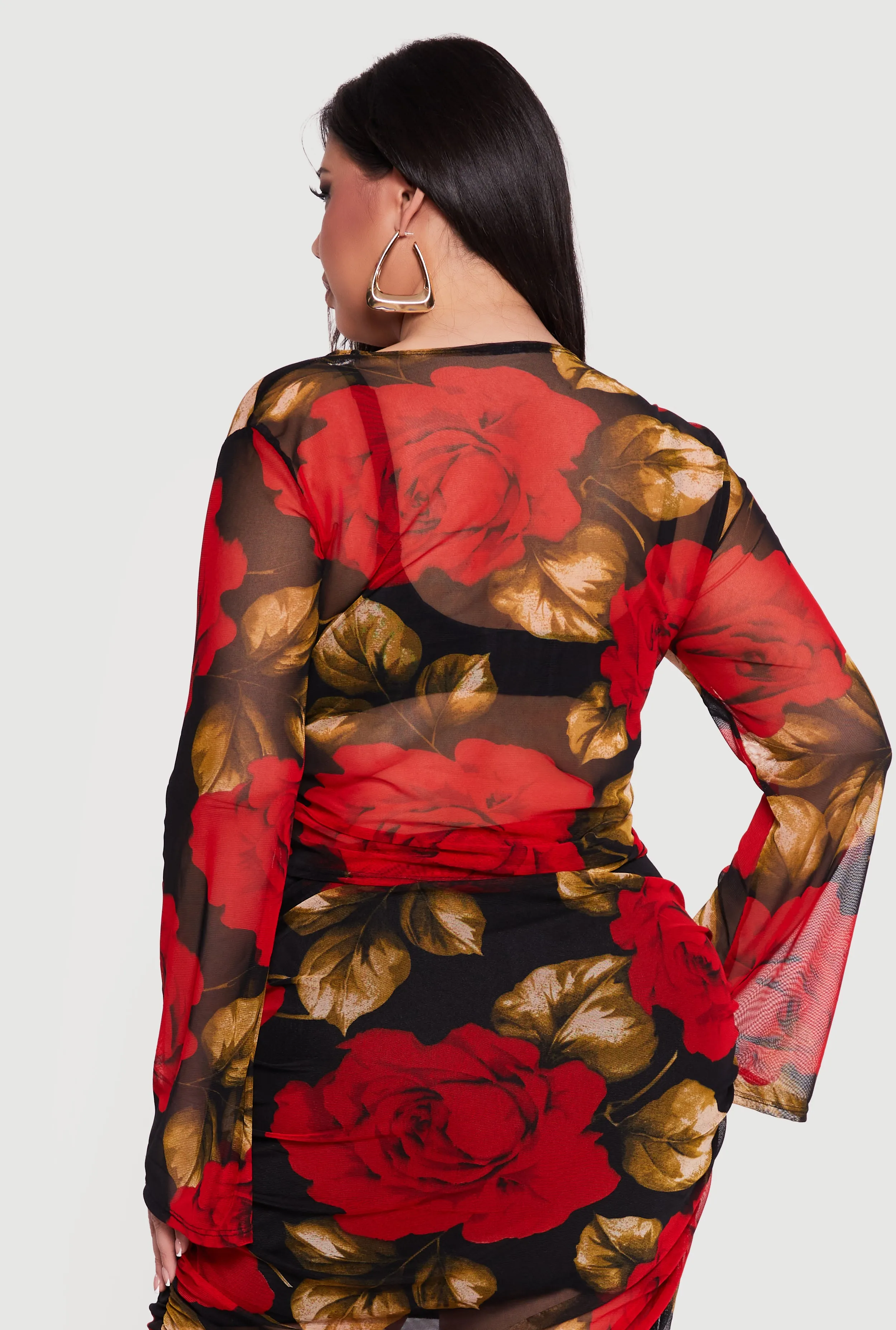 Plus Size Patterned Long Sleeve Mesh Tie Front Crop Top sold by Rainbow product image thumbnail 5