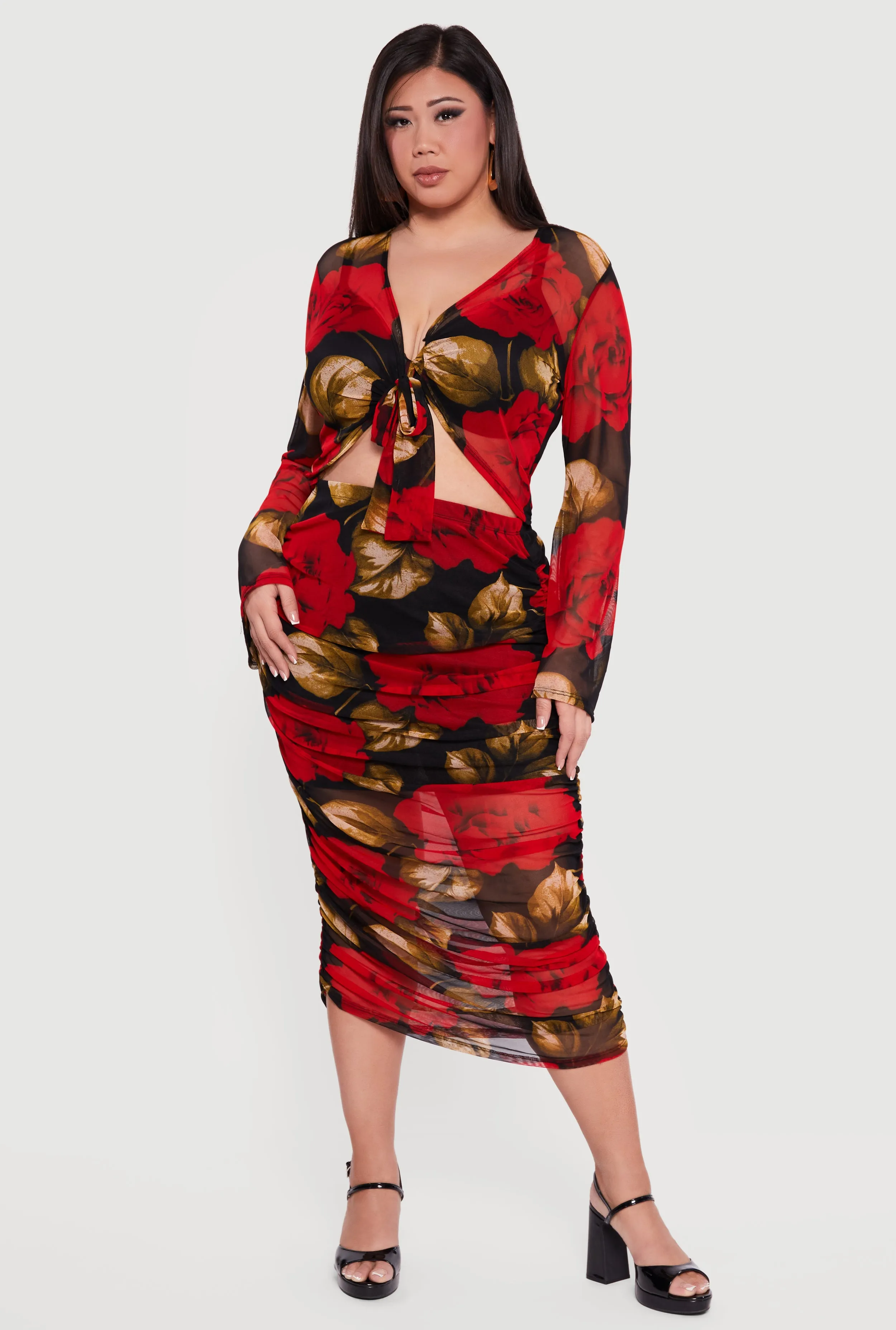 Plus Size Patterned Long Sleeve Mesh Tie Front Crop Top sold by Rainbow product image thumbnail 2