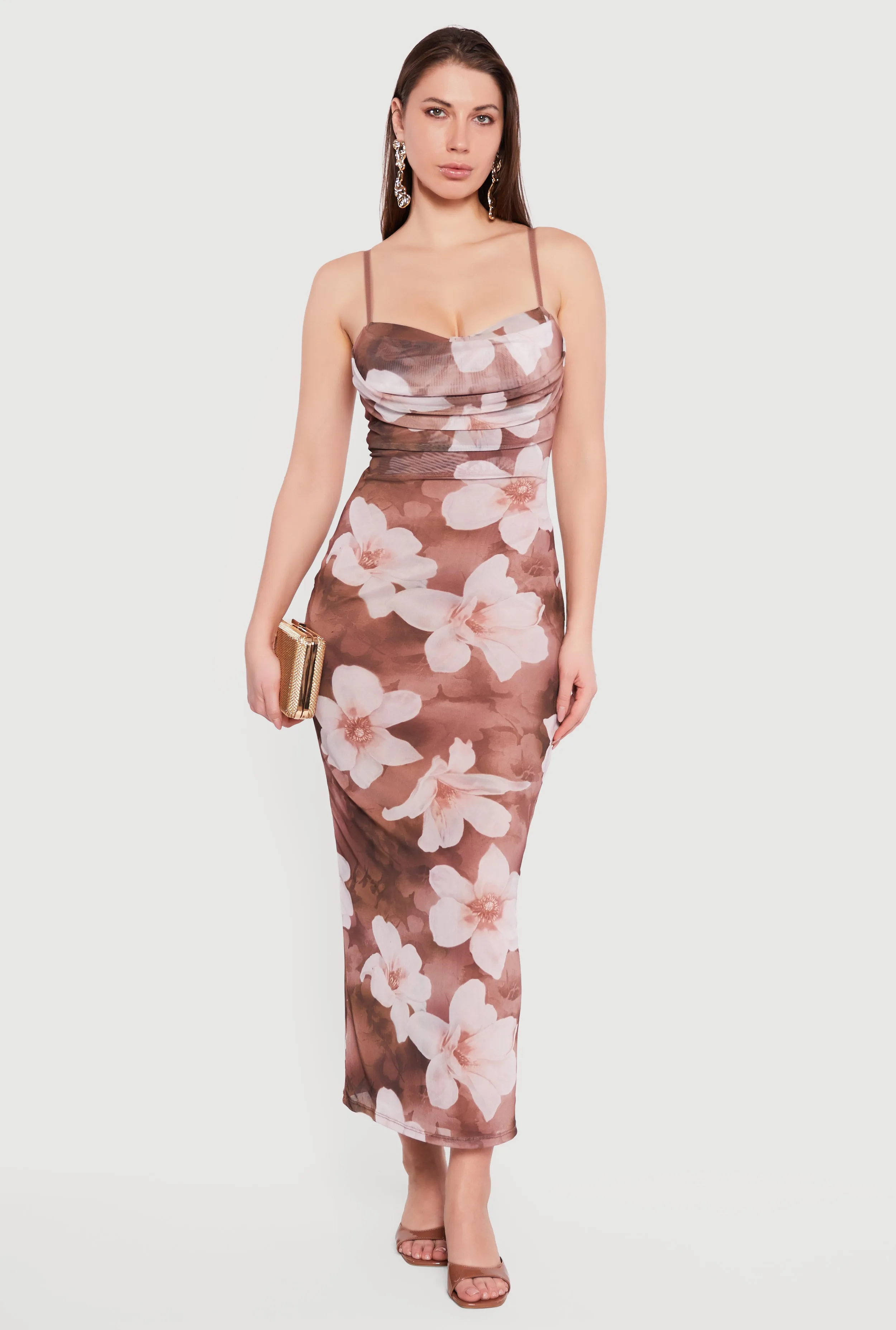 Floral Mesh Overlay Cowl Neck Maxi Dress sold by Rainbow