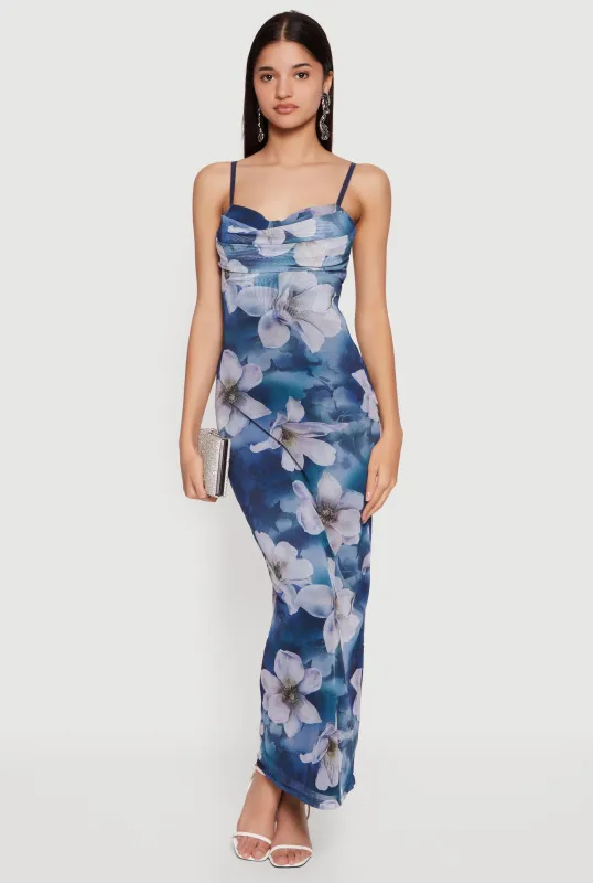 Floral Mesh Overlay Cowl Neck Maxi Dress sold by Rainbow