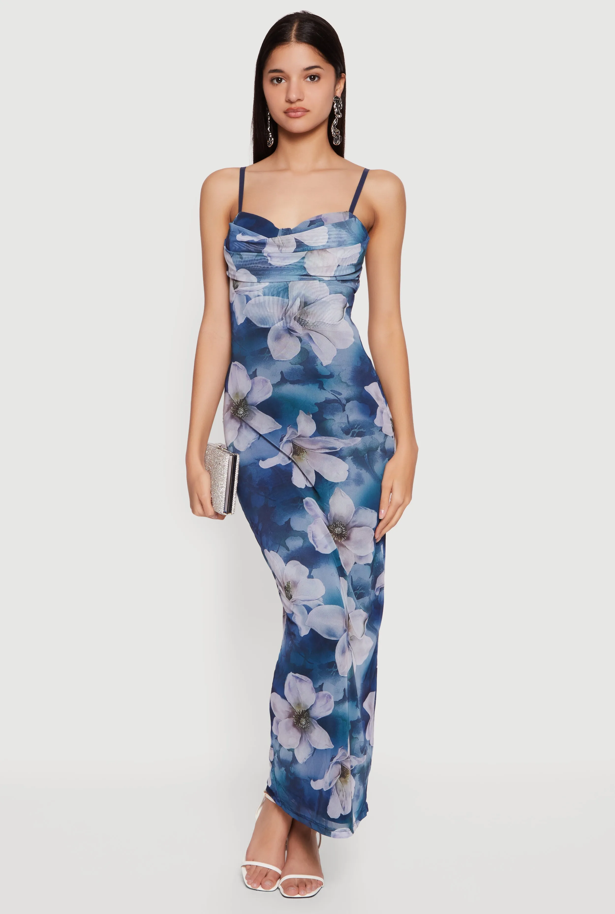 Floral Mesh Overlay Cowl Neck Maxi Dress sold by Rainbow