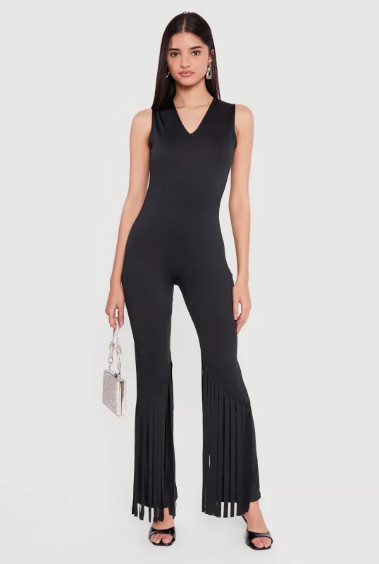 Fringe Flare Leg V Neck Jumpsuit made by Rainbow