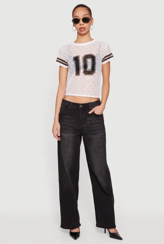 Varsity Stripe Graphic Print Lace Top sold by Rainbow