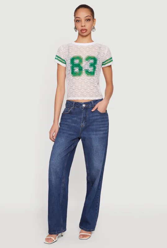 Varsity Stripe Graphic Print Lace Top sold by Rainbow