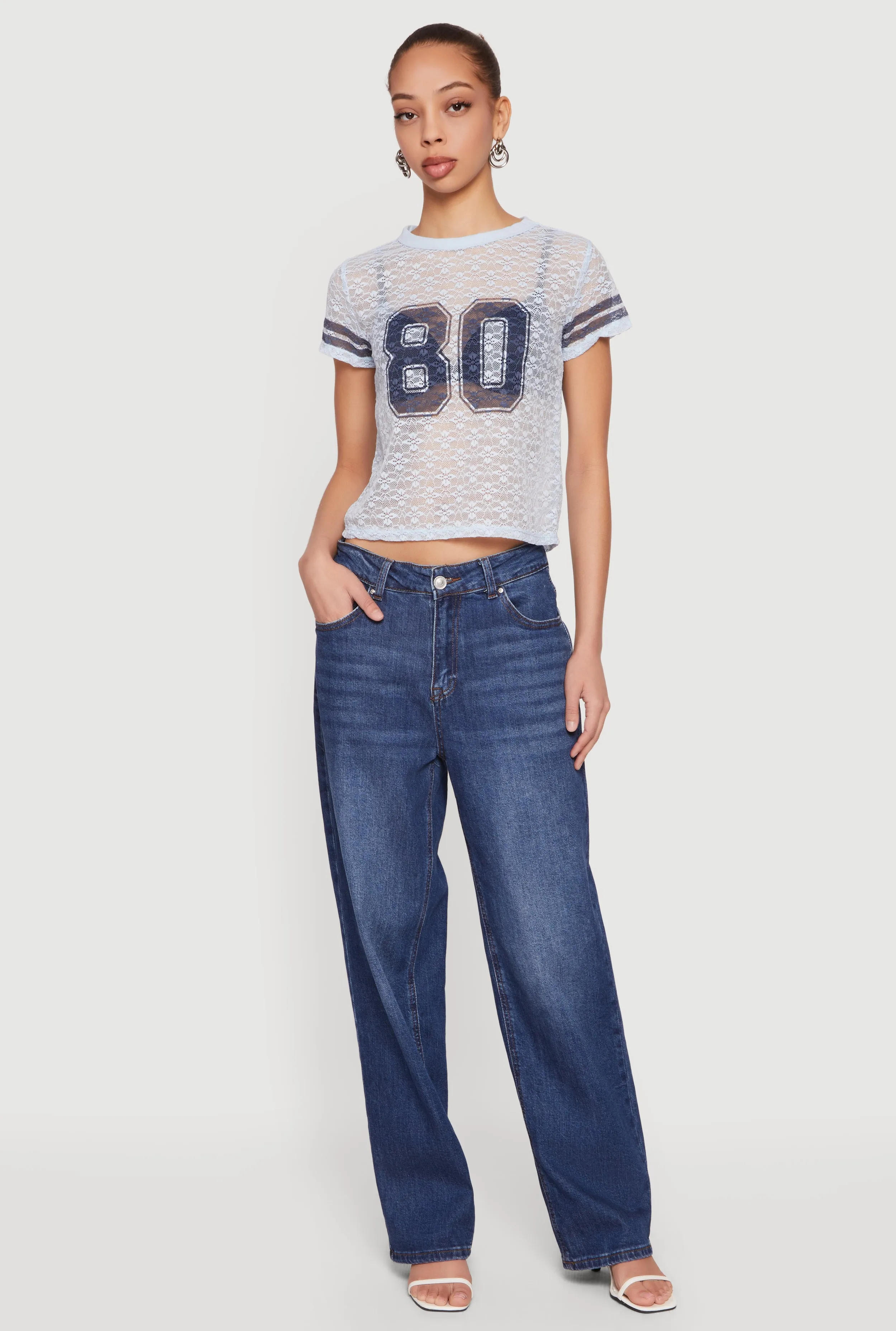 Varsity Stripe Graphic Print Lace Top sold by Rainbow