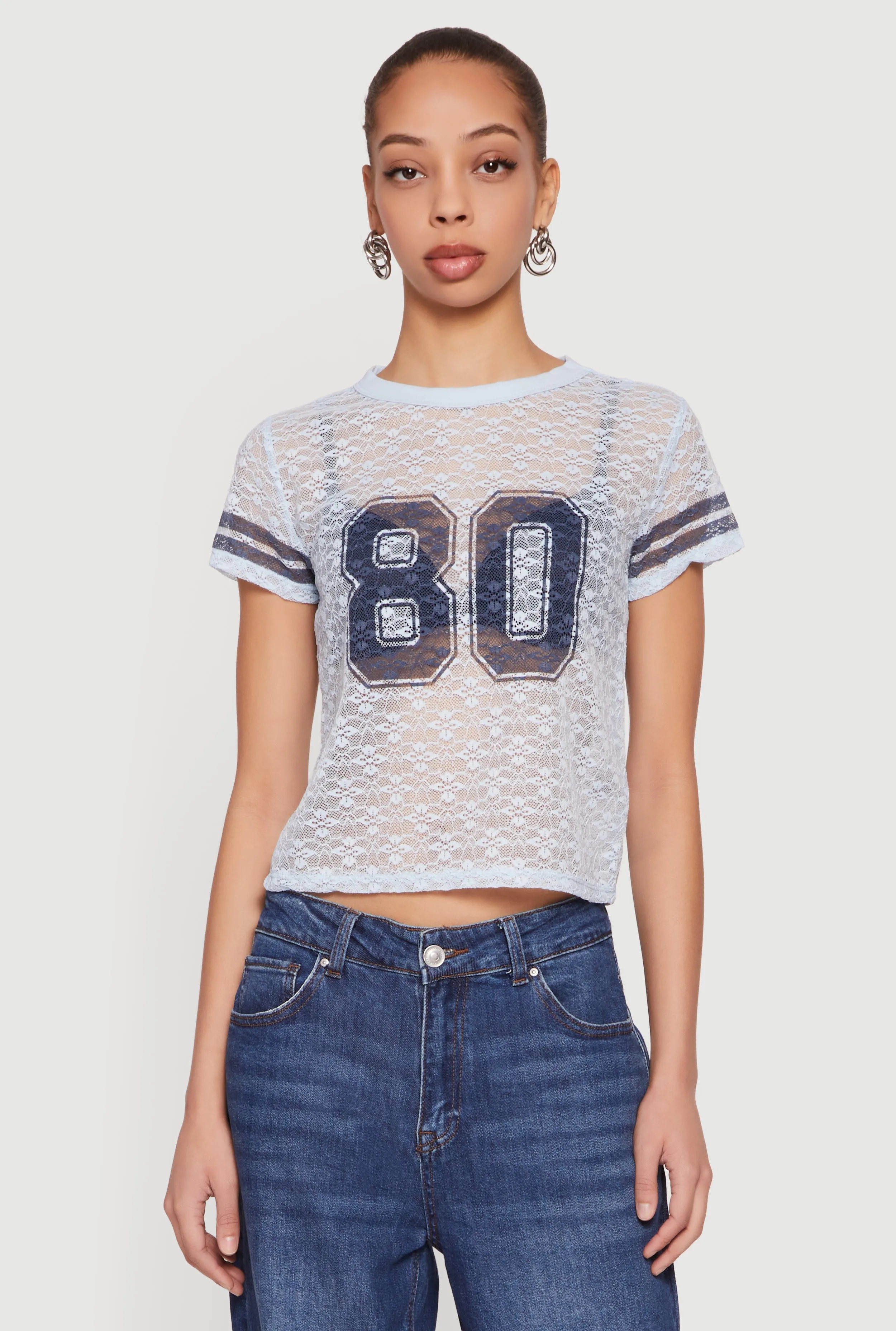 Varsity Stripe Graphic Print Lace Top sold by Rainbow product image thumbnail 2