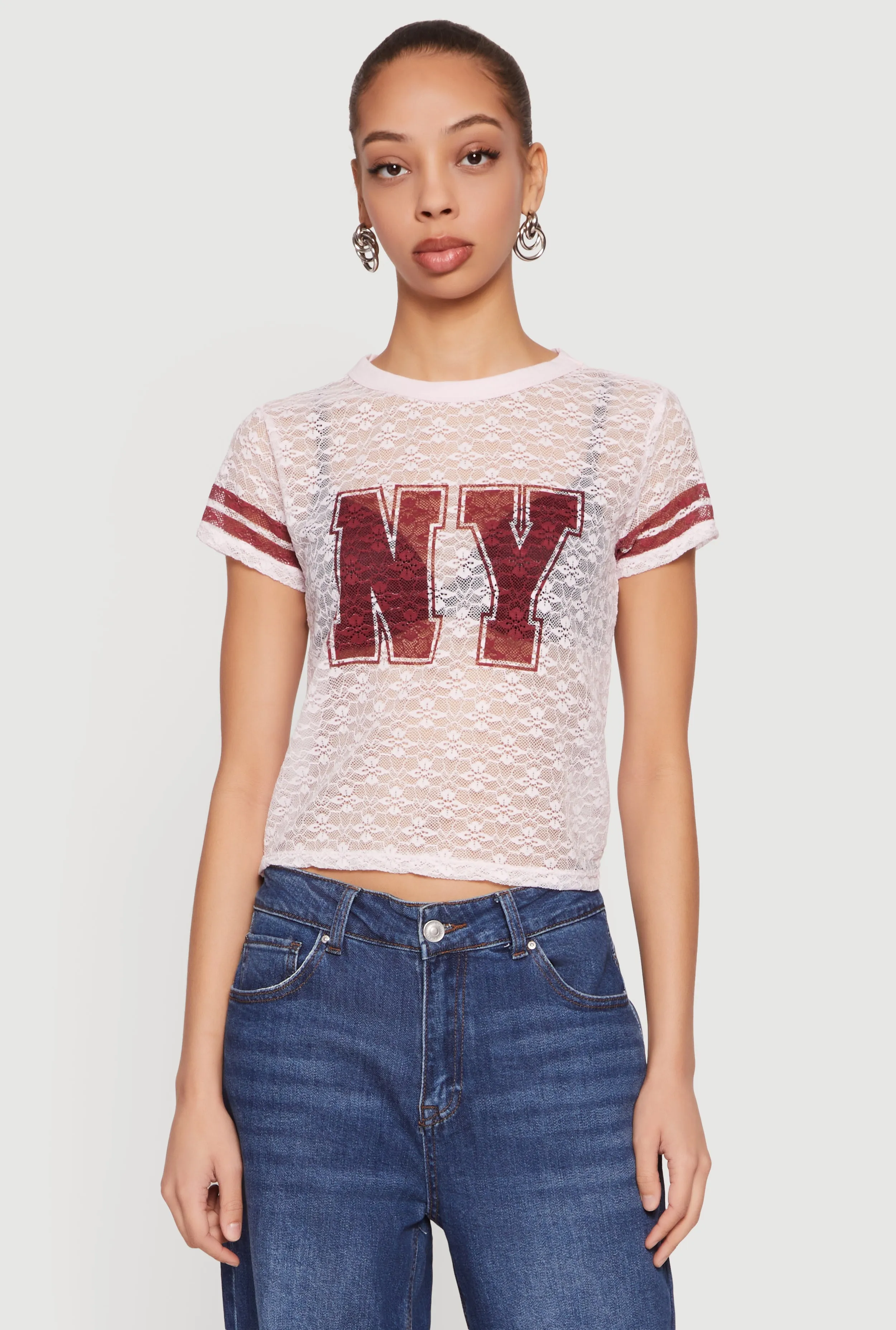 Varsity Stripe Graphic Print Lace Top sold by Rainbow product image thumbnail 2
