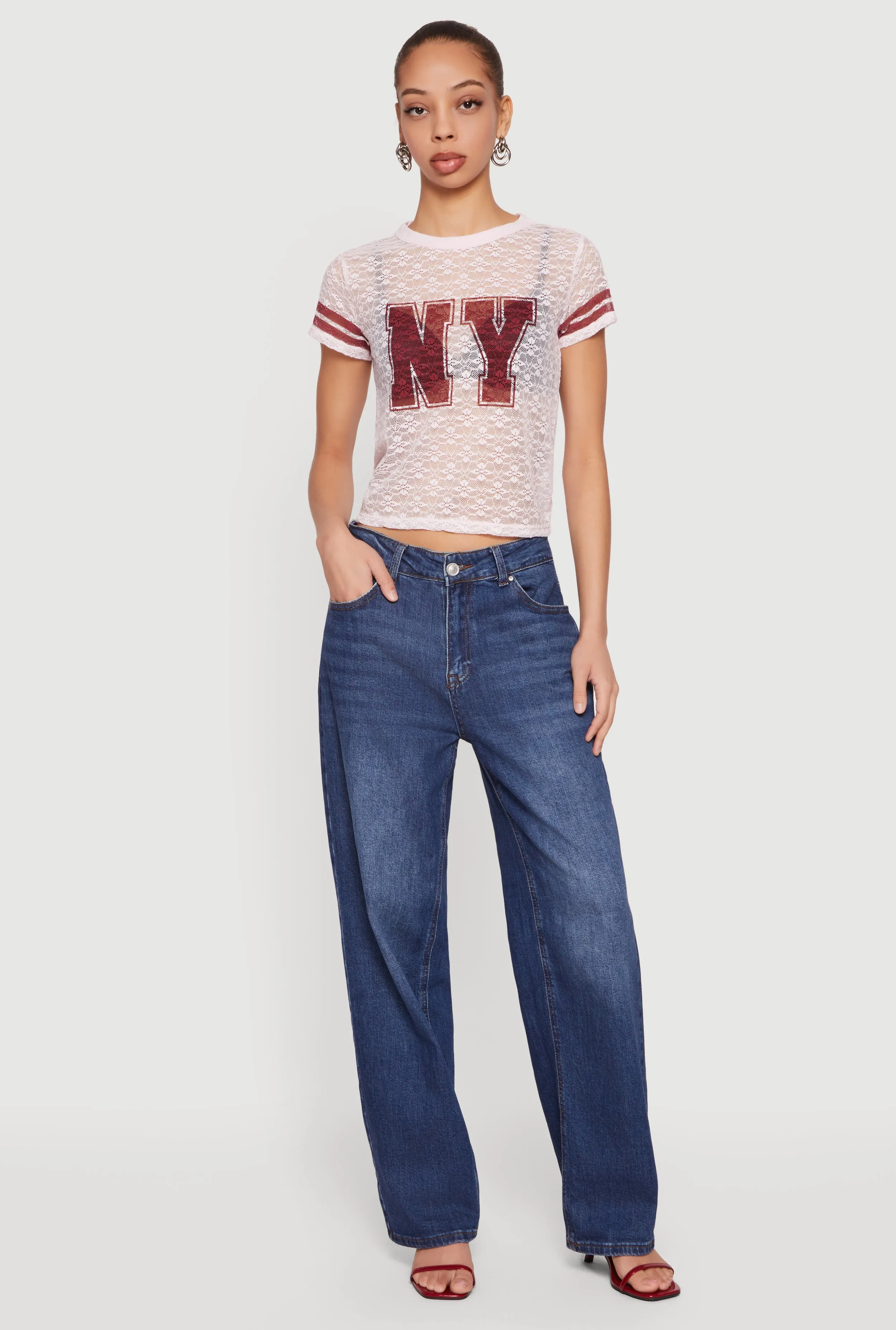 Varsity Stripe Graphic Print Lace Top sold by Rainbow