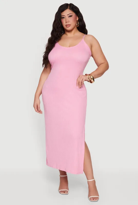 Plus Size Sleeveless Ribbed Knit Maxi Dress with Side Slit made by Rainbow