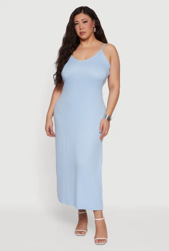Plus Size Sleeveless Ribbed Knit Maxi Dress with Side Slit made by Rainbow
