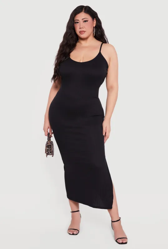 Plus Size Sleeveless Ribbed Knit Maxi Dress with Side Slit sold by Rainbow