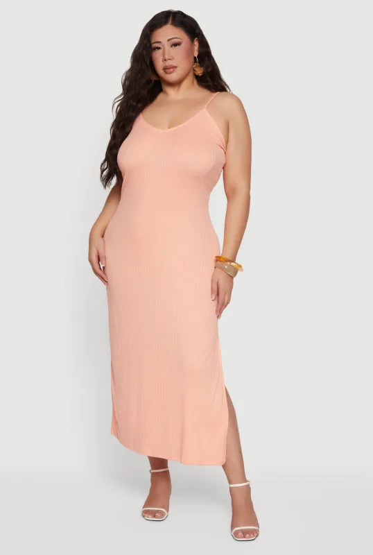 Plus Size Sleeveless Ribbed Knit Maxi Dress with Side Slit sold by Rainbow