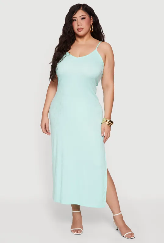 Plus Size Sleeveless Ribbed Knit Maxi Dress with Side Slit made by Rainbow