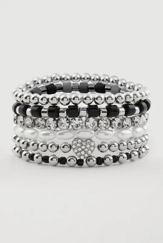 Pearl Rhinestone Studded Color Blocked Beaded Stretch Bracelets sold by Rainbow