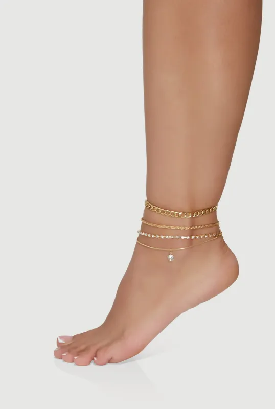 Cubic Zirconia Assorted Metallic Anklets Set of 4 sold by Rainbow
