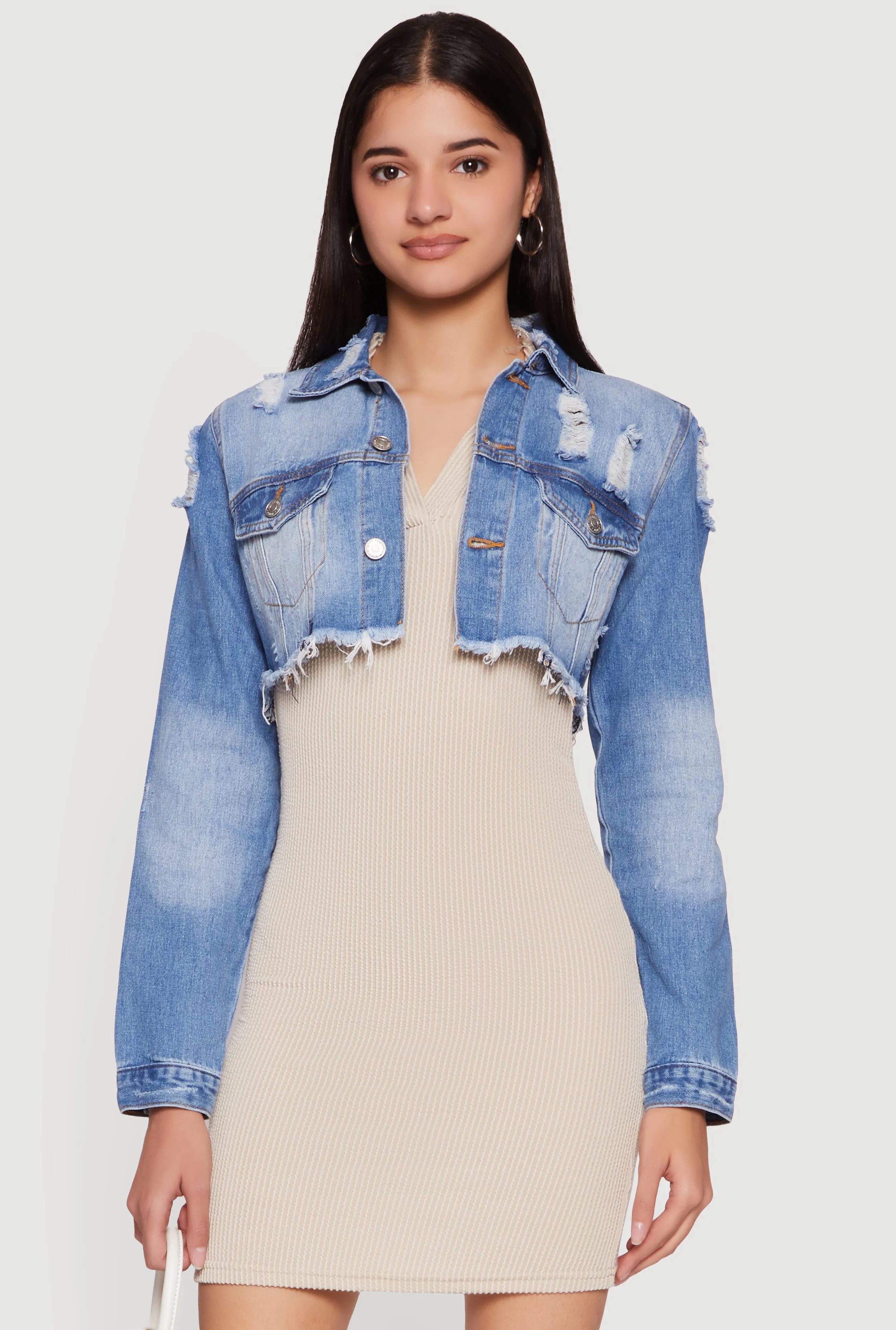 Almost Famous Distressed Cropped Denim Jacket sold by Rainbow product image thumbnail 2