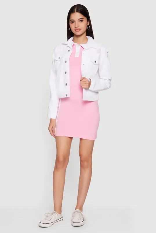 Almost Famous Button Front Distressed Denim Jacket sold by Rainbow