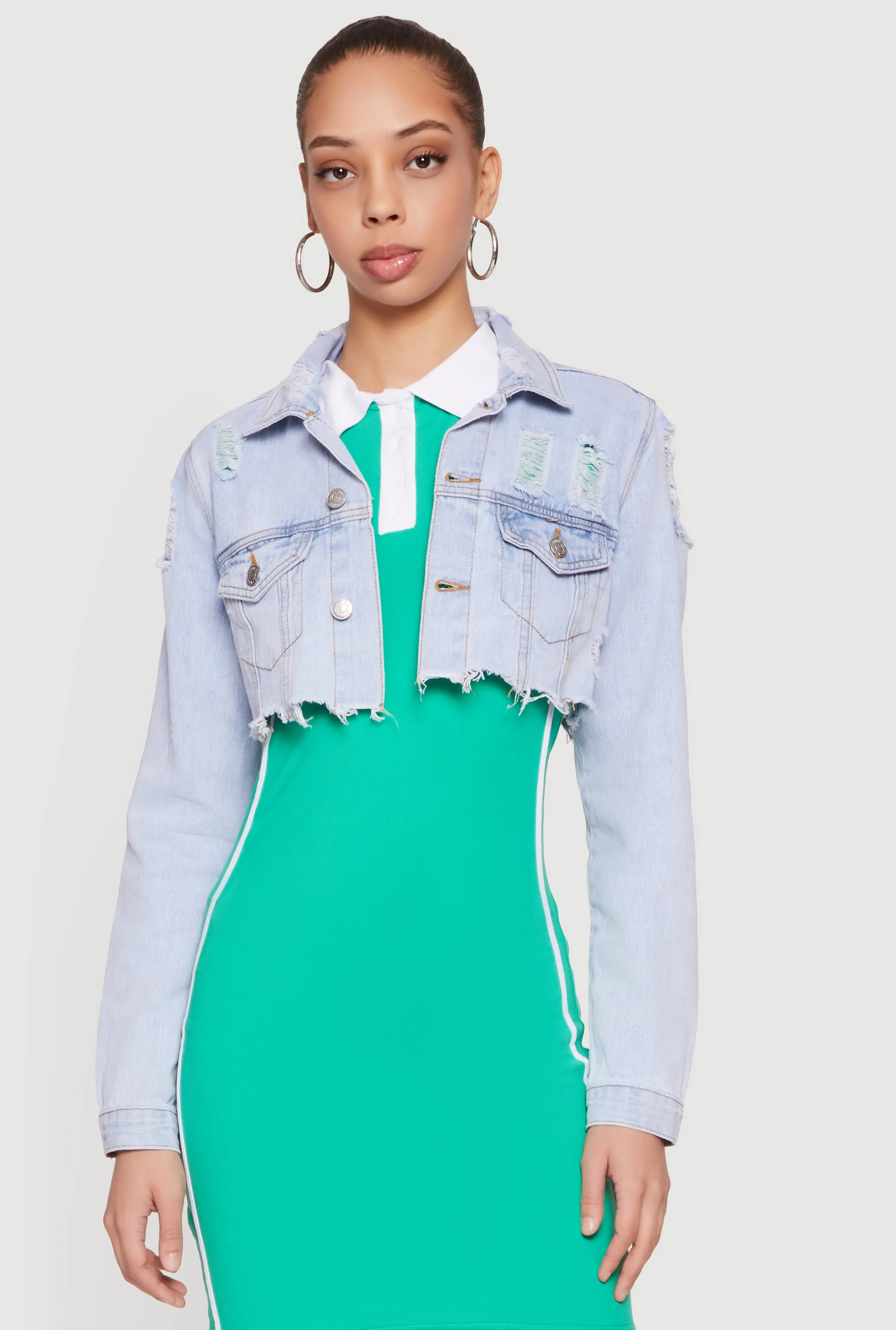 Almost Famous Distressed Cropped Denim Jacket sold by Rainbow product image thumbnail 2