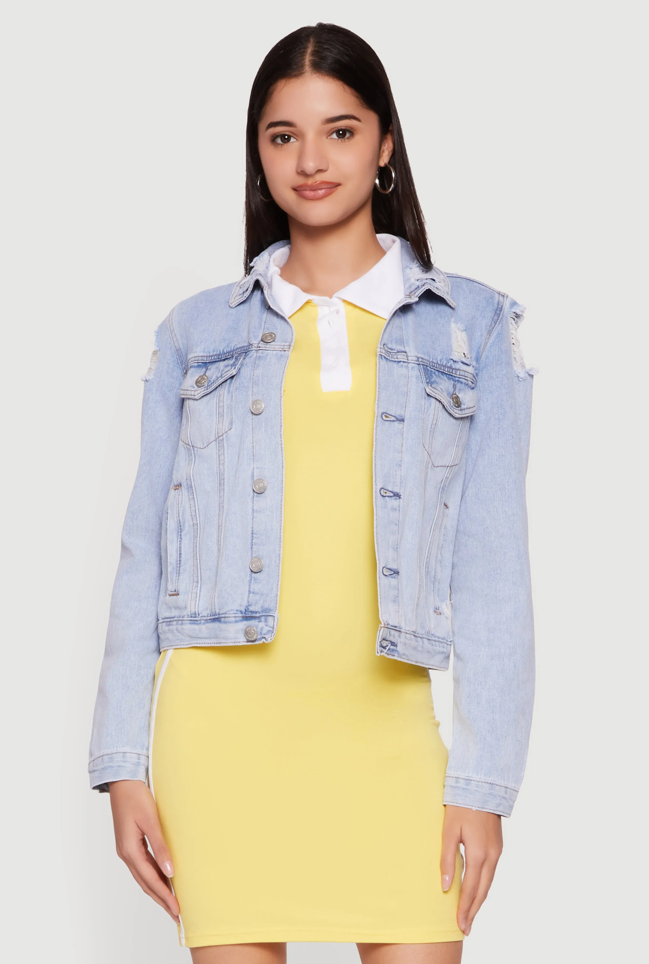 Almost Famous Button Front Distressed Denim Jacket sold by Rainbow product image thumbnail 2