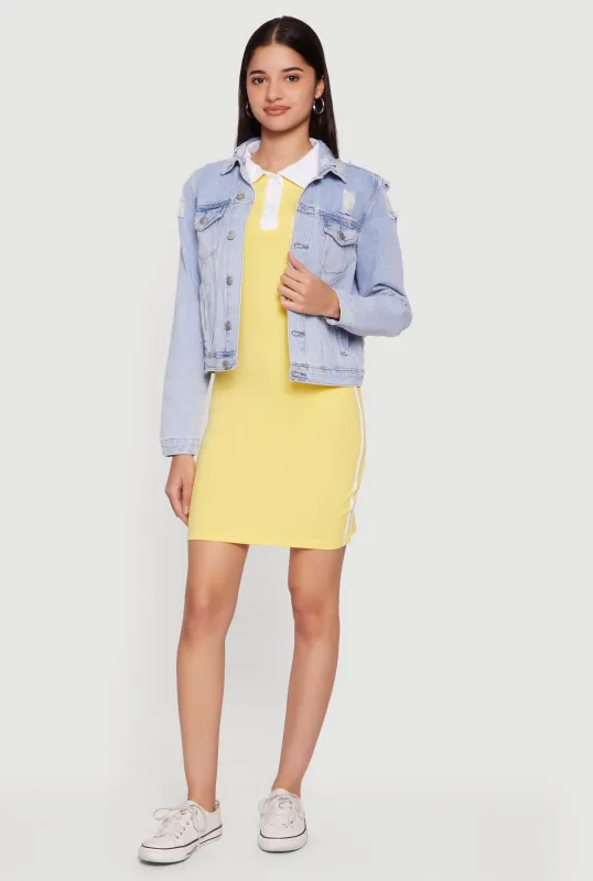 Almost Famous Button Front Distressed Denim Jacket sold by Rainbow