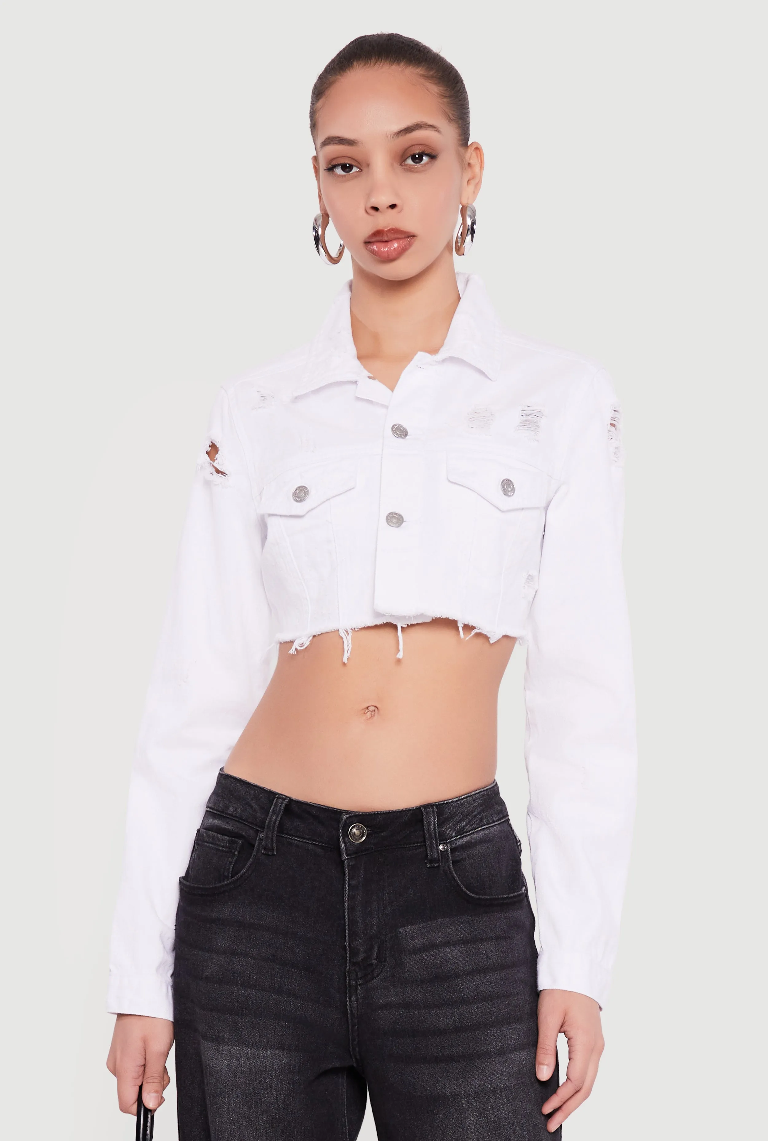 Almost Famous Distressed Cropped Denim Jacket sold by Rainbow product image thumbnail 2
