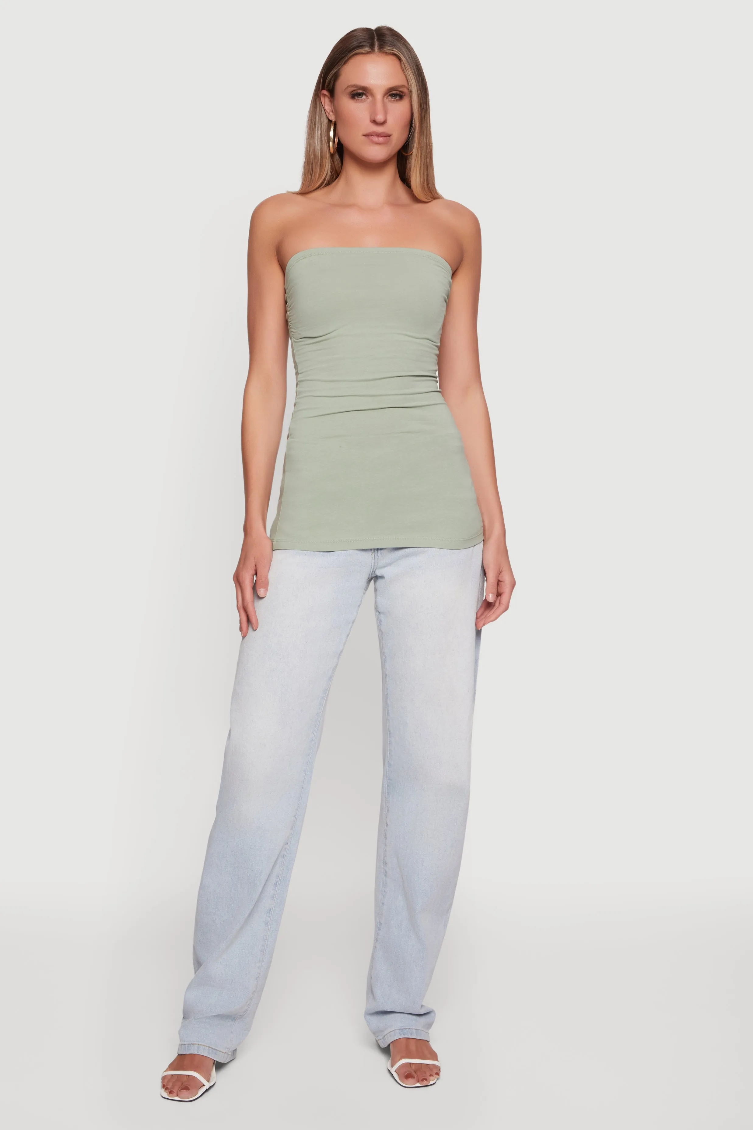 Solid Ruched Strapless Top sold by Rainbow