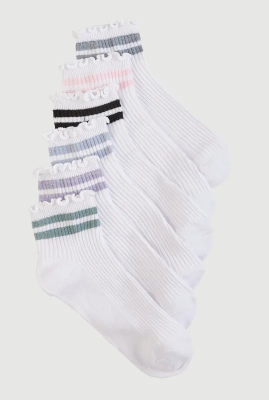 Varsity Stripe Detail Quarter Socks 6 Pack Size 4-10 sold by Rainbow