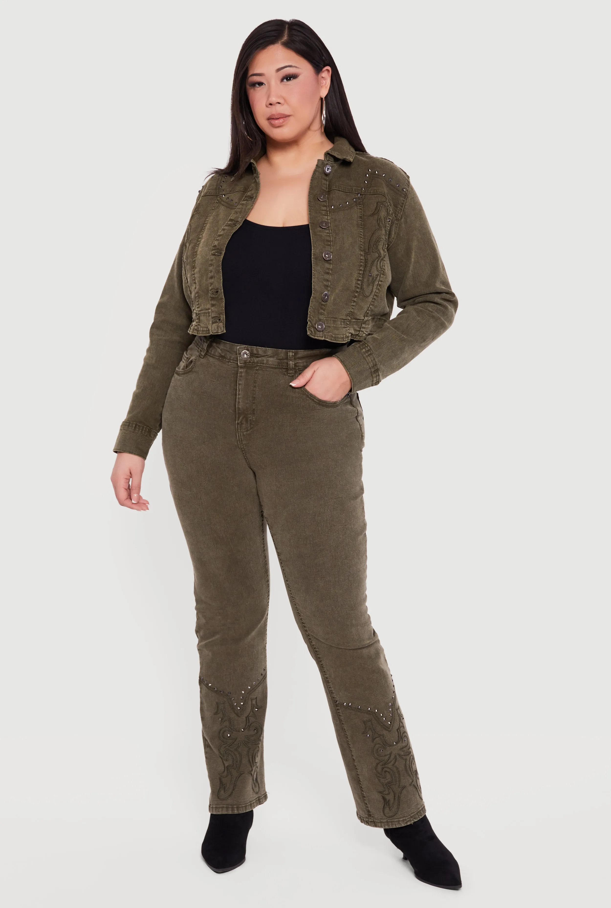 Plus Size Western Decorative Stitch Straight Leg Jeans sold by Rainbow