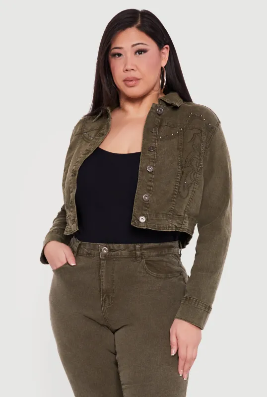 Plus Size Studded Western Decorative Stitch Jean Jacket sold by Rainbow