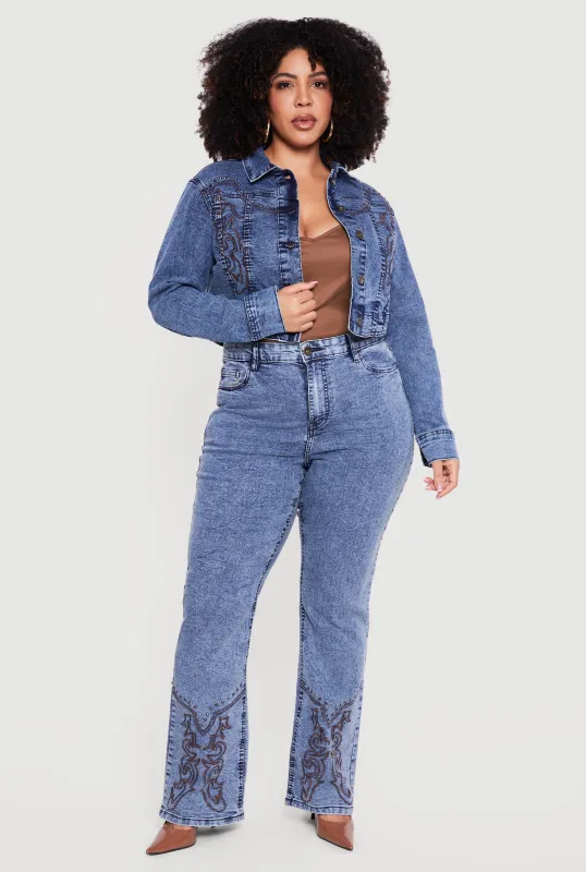 Plus Size Western Decorative Stitch Straight Leg Jeans sold by Rainbow