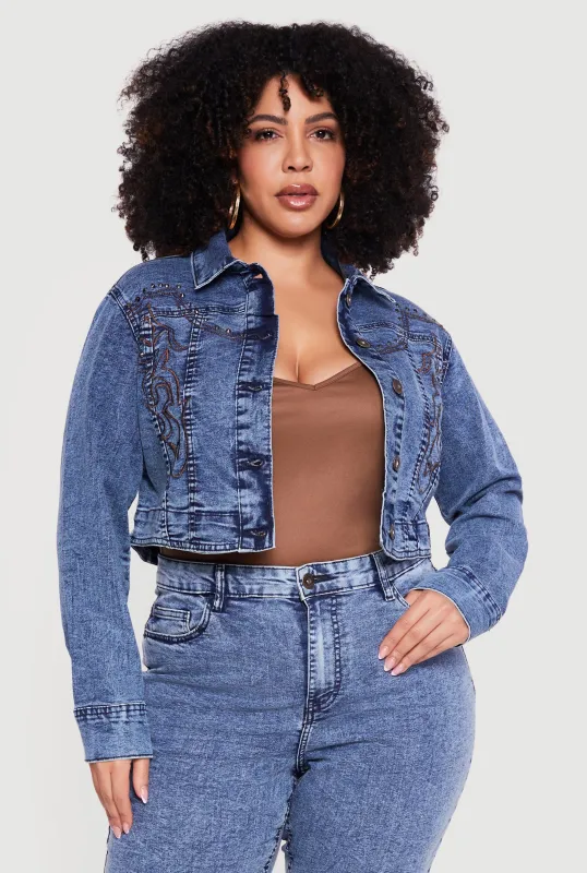 Plus Size Studded Western Decorative Stitch Jean Jacket sold by Rainbow