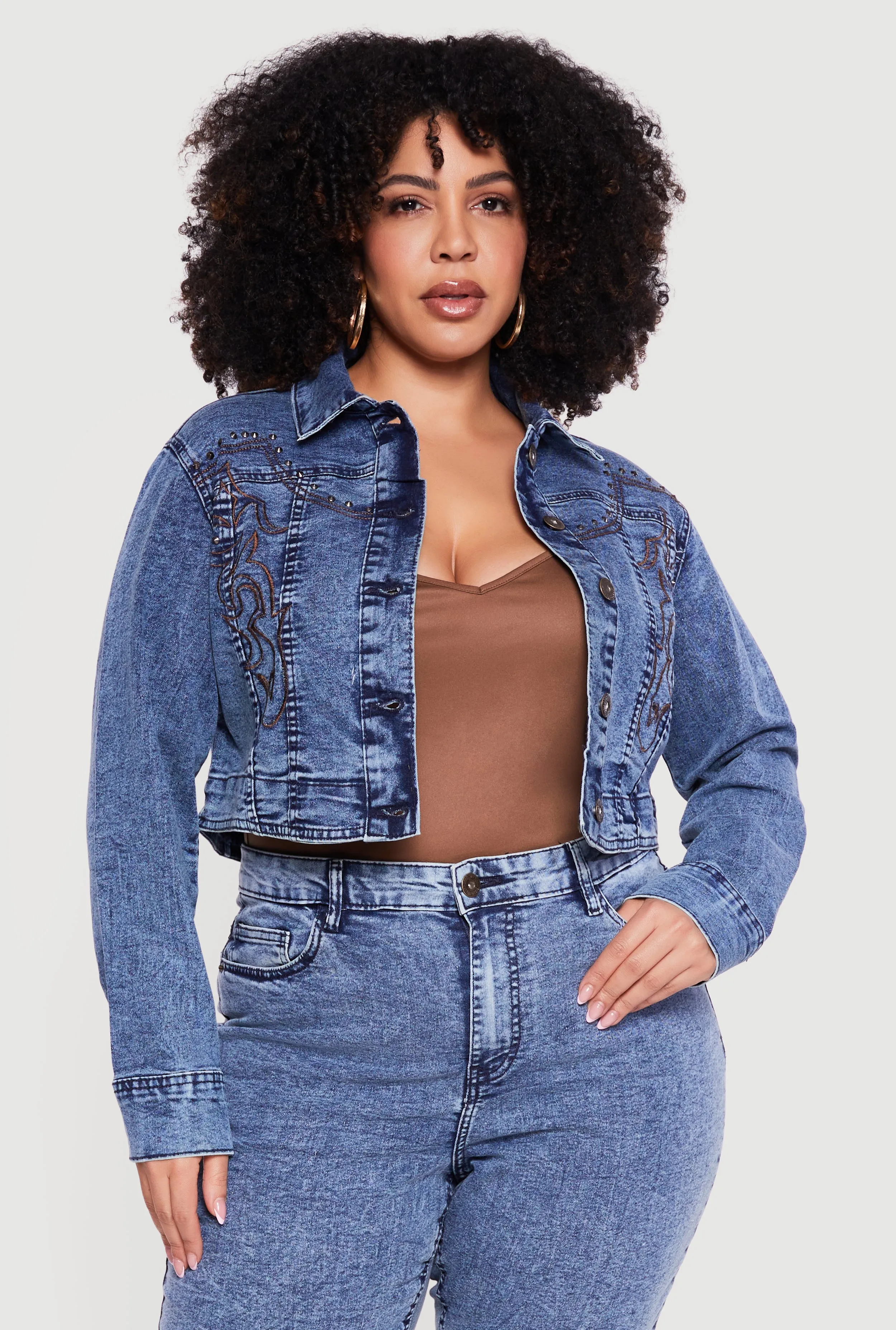 Plus Size Studded Western Decorative Stitch Jean Jacket sold by Rainbow