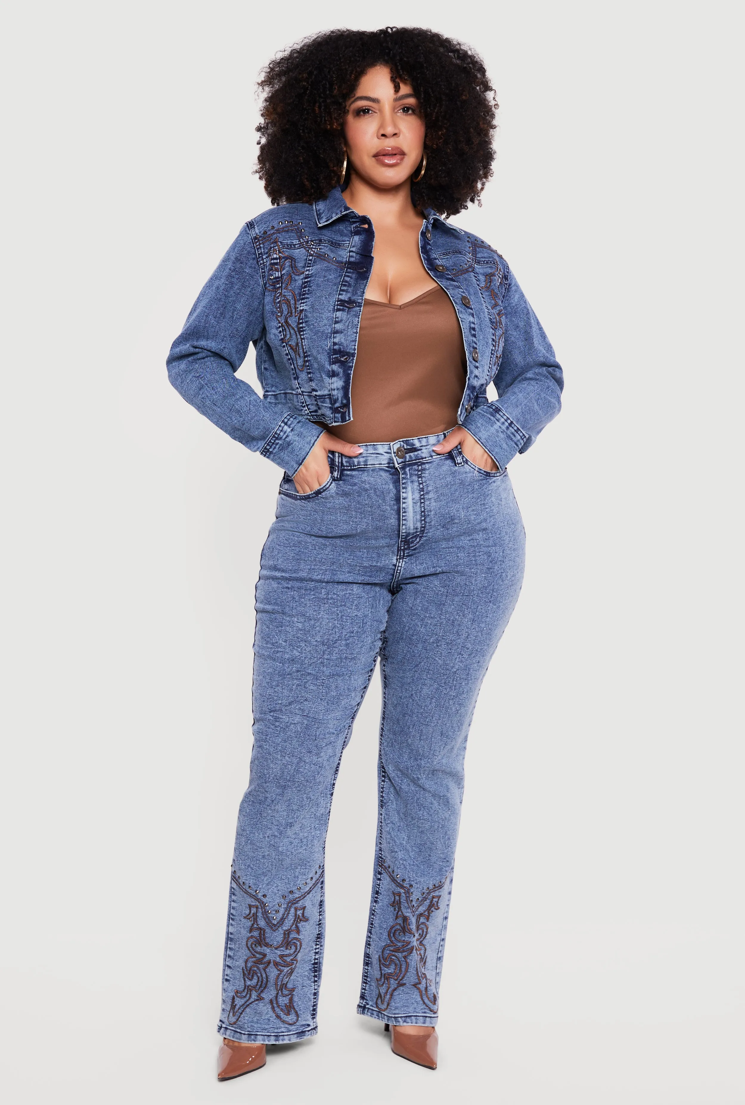Plus Size Studded Western Decorative Stitch Jean Jacket sold by Rainbow product image thumbnail 2