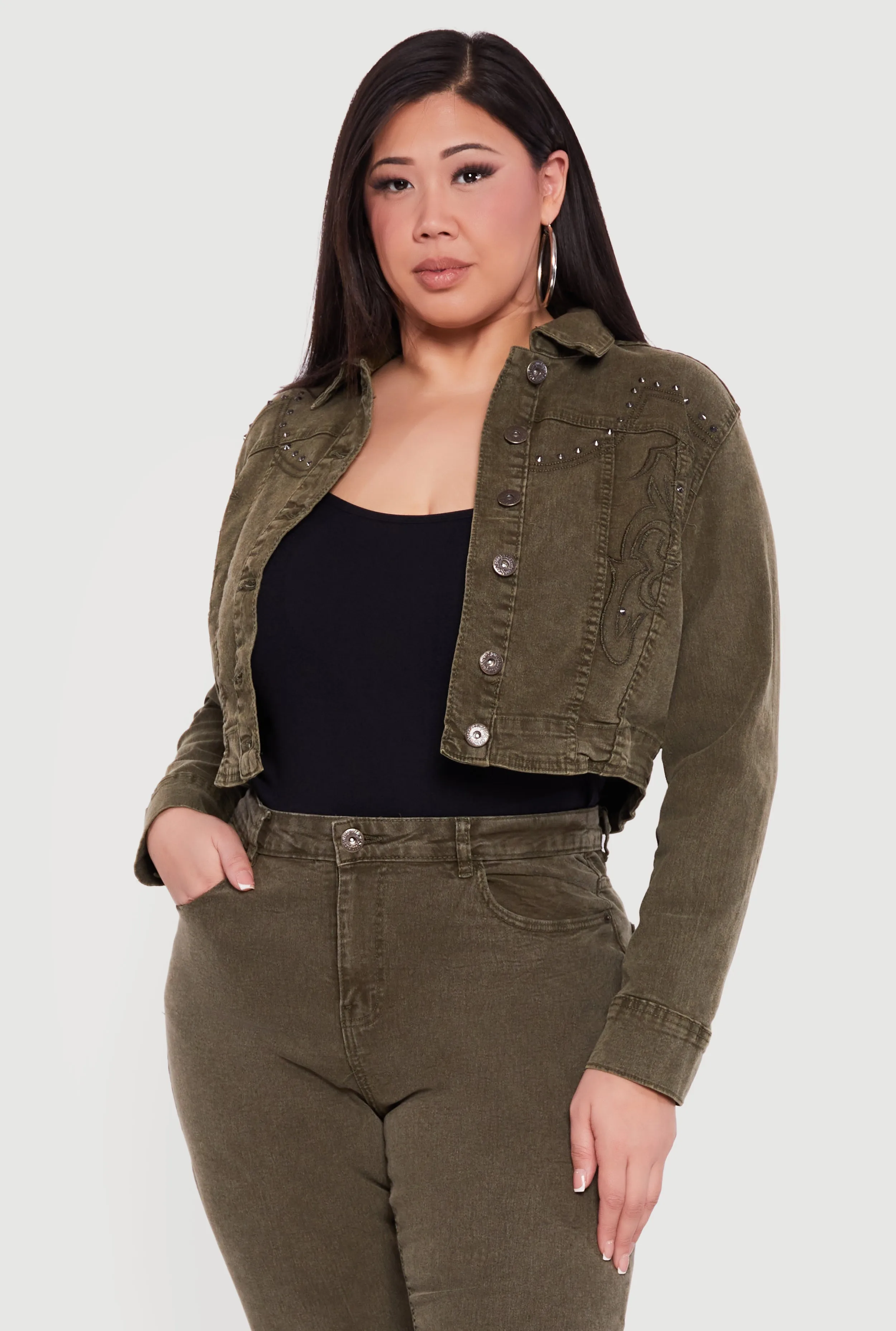 Plus Size Studded Western Decorative Stitch Jean Jacket sold by Rainbow