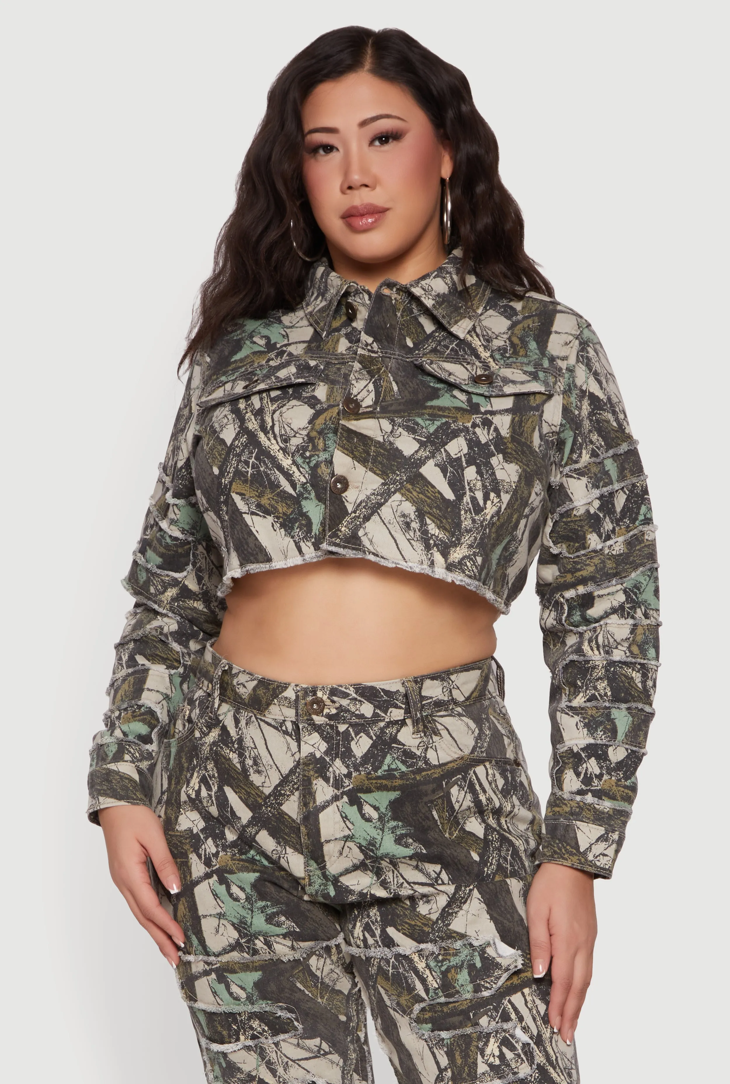 Plus Size Hunter Camo Frayed Patch and Repair Jean Jacket sold by Rainbow