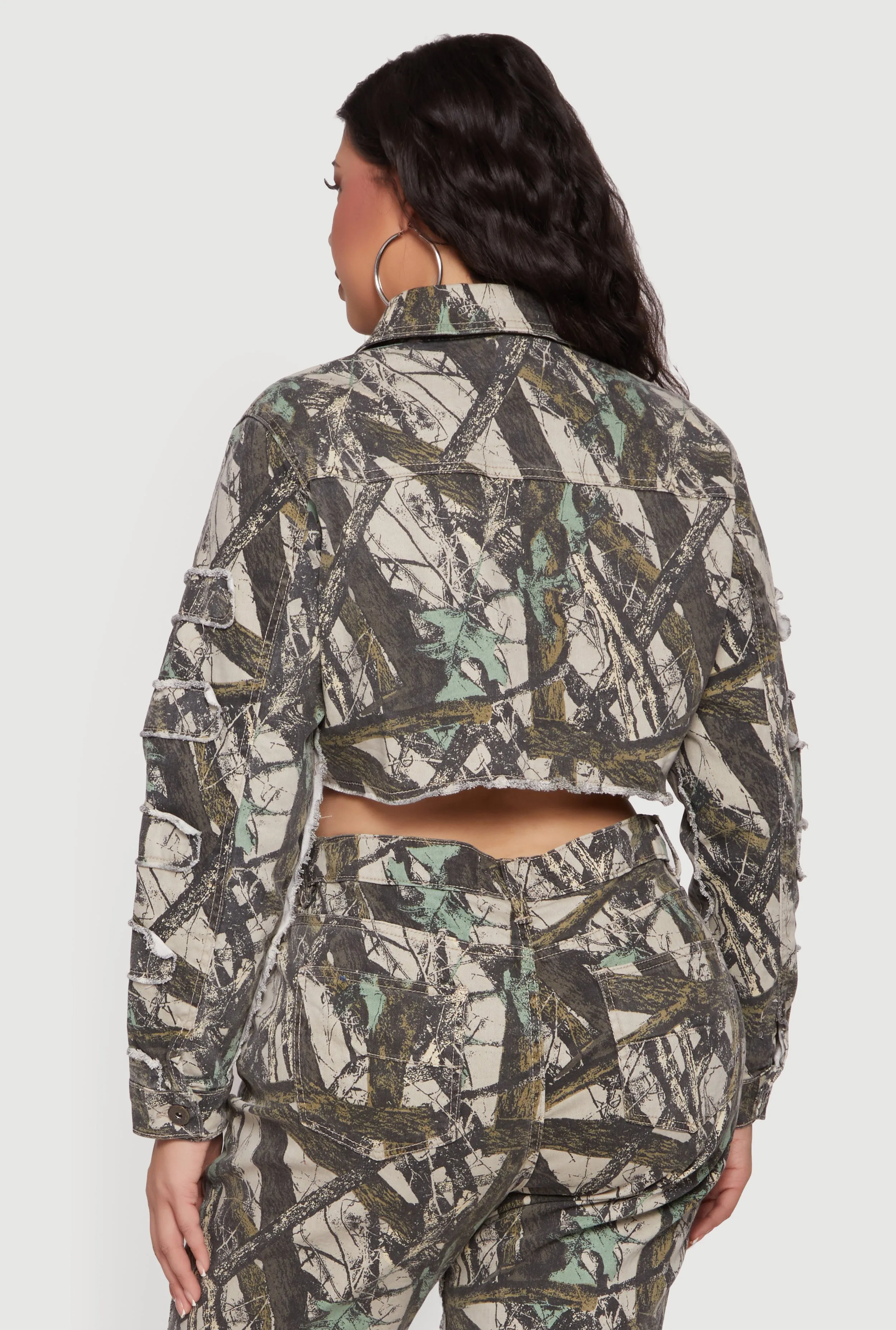 Plus Size Hunter Camo Frayed Patch and Repair Jean Jacket sold by Rainbow product image thumbnail 5