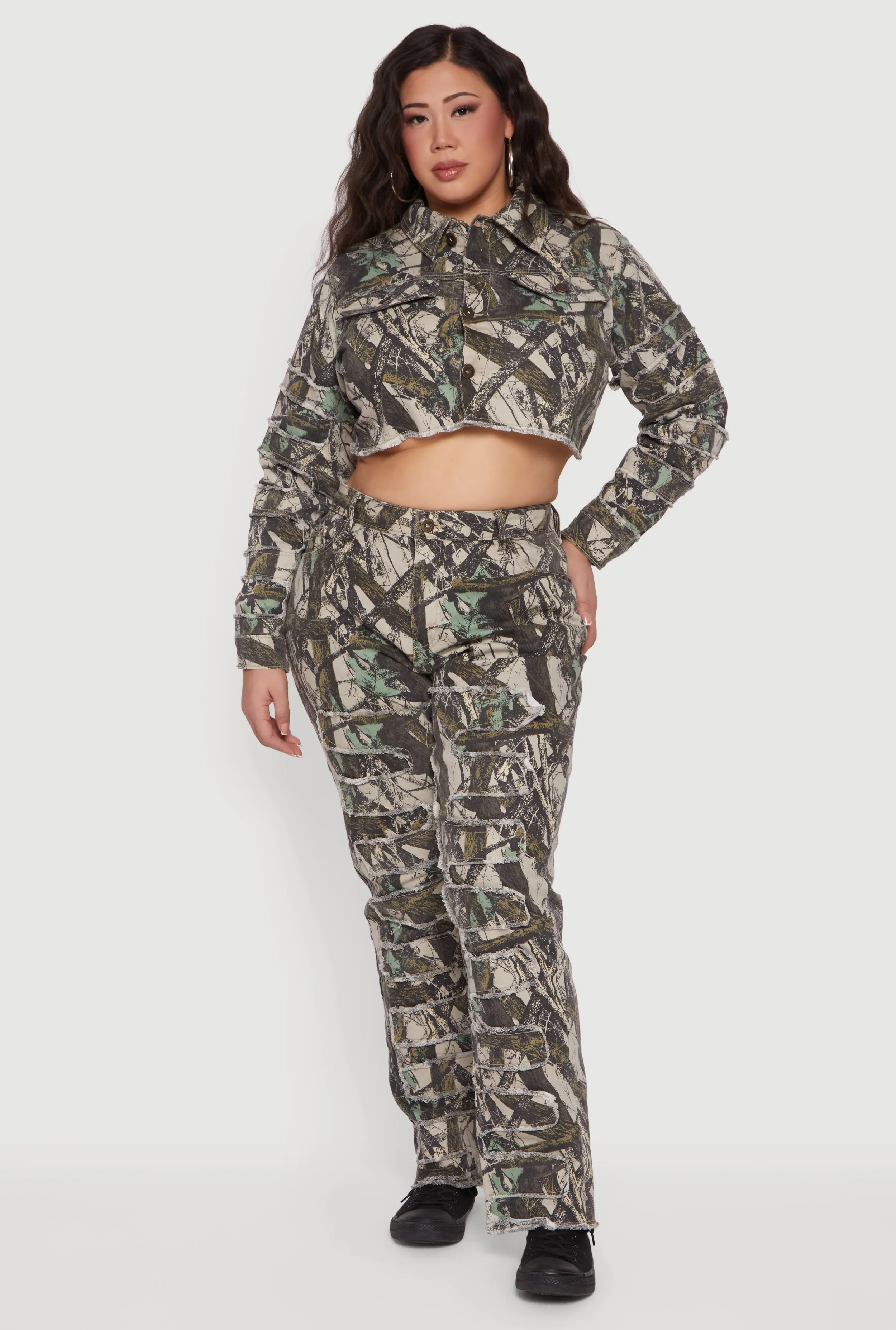 Plus Size Hunter Camo Frayed Patch and Repair Jean Jacket sold by Rainbow product image thumbnail 2