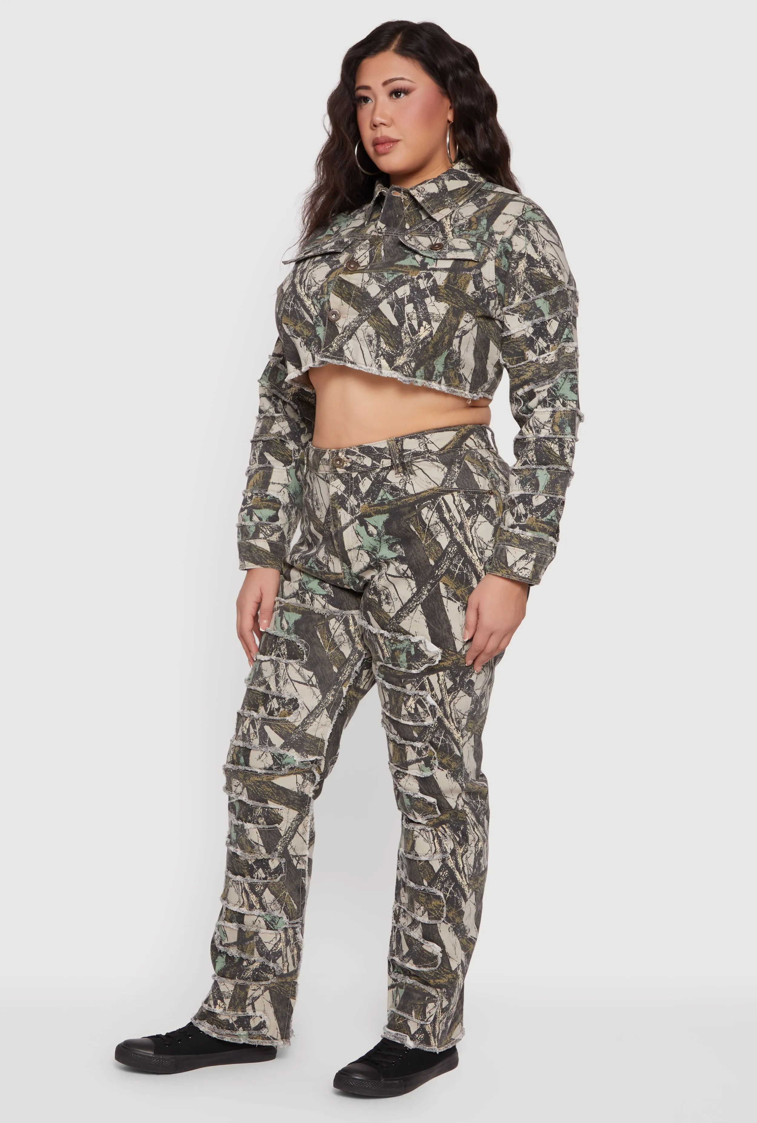 Plus Size Hunter Camo Frayed Patch and Repair Jean Jacket sold by Rainbow product image thumbnail 3