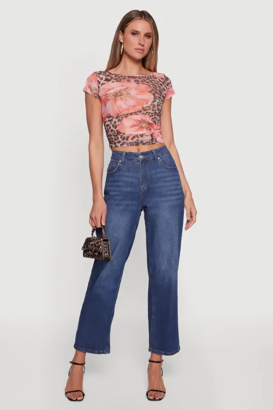 Floral Mesh Ruched Side Crop Top sold by Rainbow