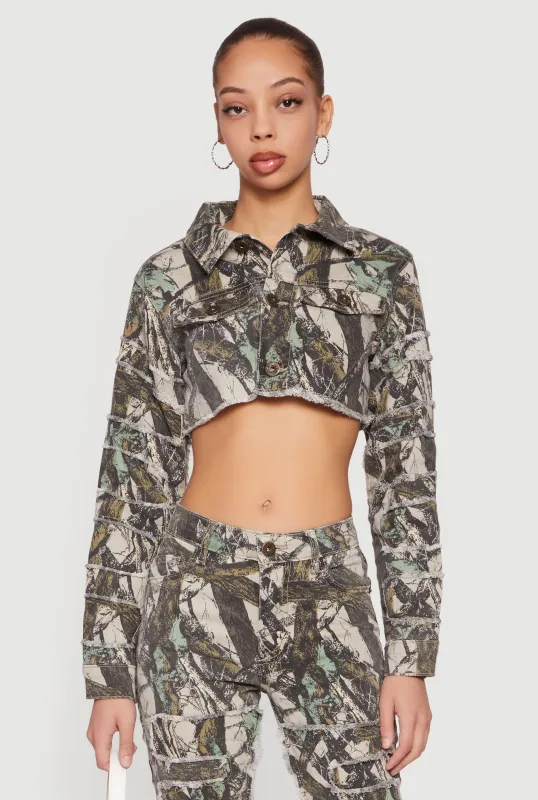 Tree Camo Denim Cropped Frayed Hem Jacket made by Rainbow