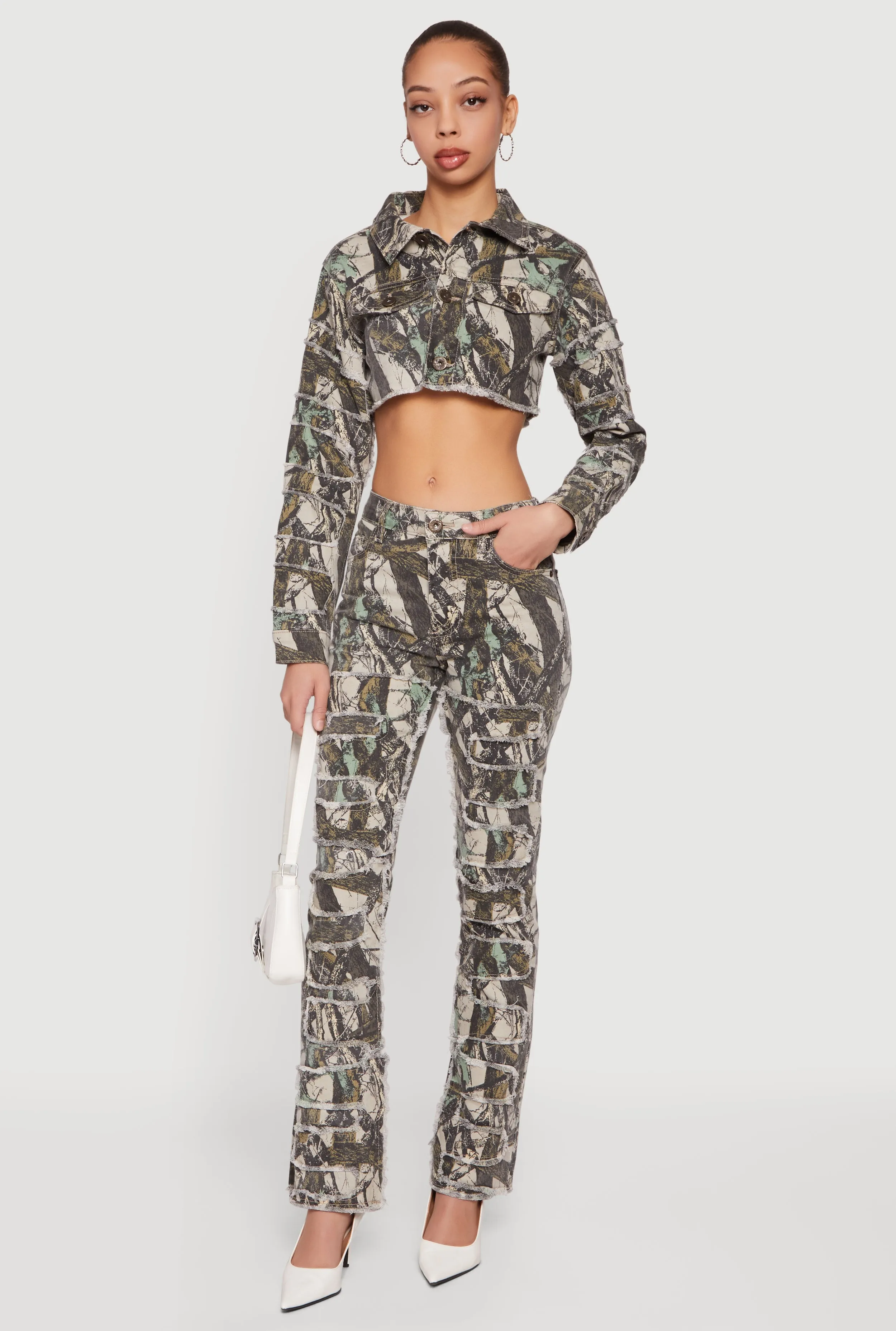 Tree Camo Frayed Skinny Jeans sold by Rainbow