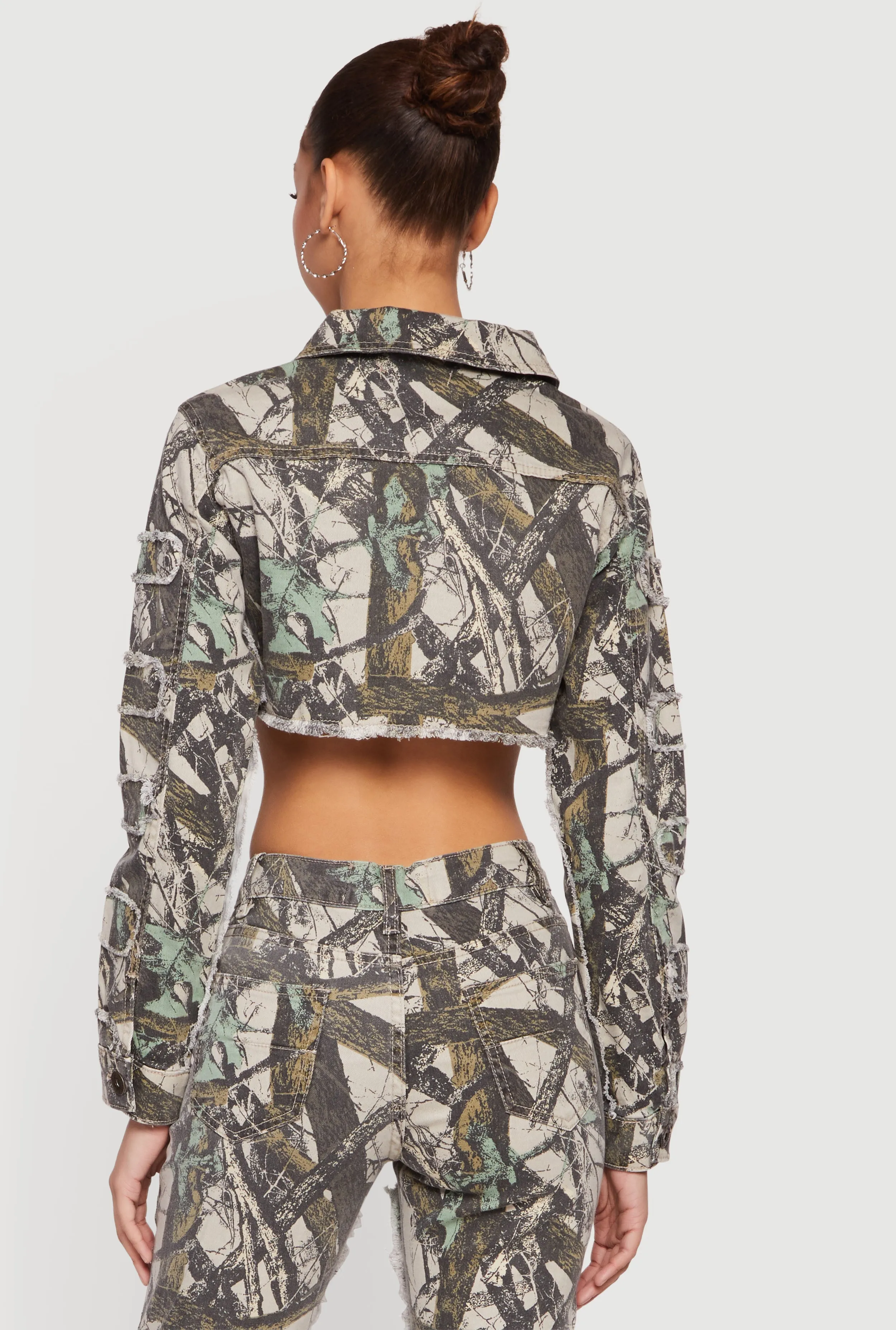 Tree Camo Denim Cropped Frayed Hem Jacket sold by Rainbow product image thumbnail 5